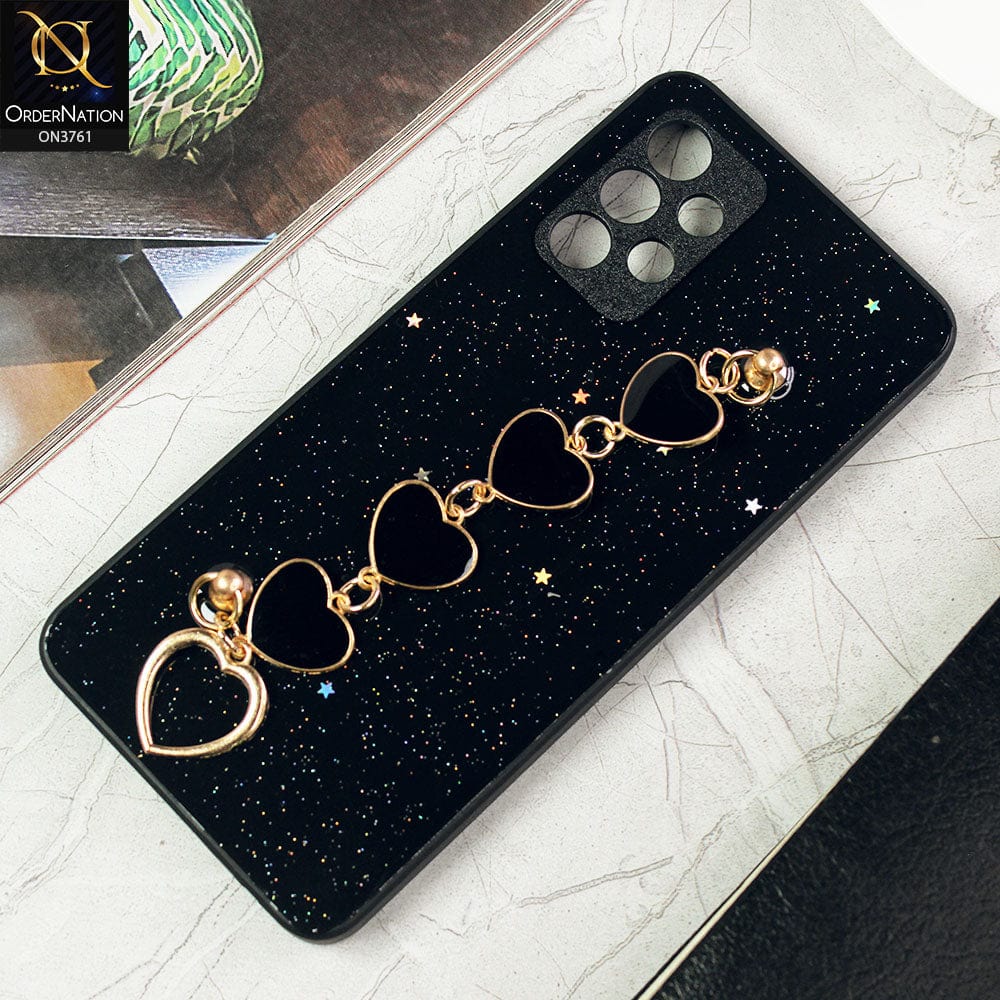 Samsung Galaxy A32 Cover - Black -Shiny Glitter Candy Color Soft Border Camera Protection Case With Heart Chain Holder (Glitter Does not move)