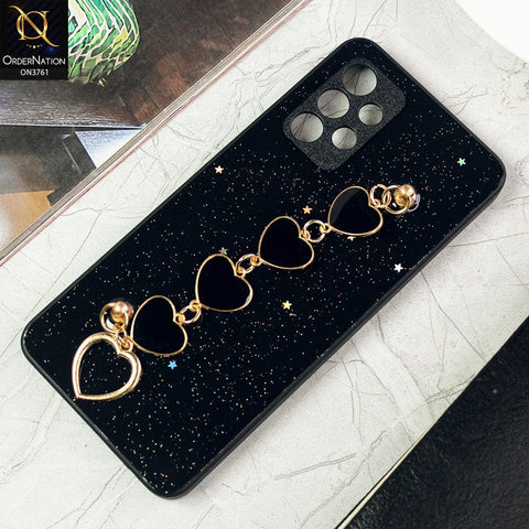 Samsung Galaxy A32 Cover - Black -Shiny Glitter Candy Color Soft Border Camera Protection Case With Heart Chain Holder (Glitter Does not move)