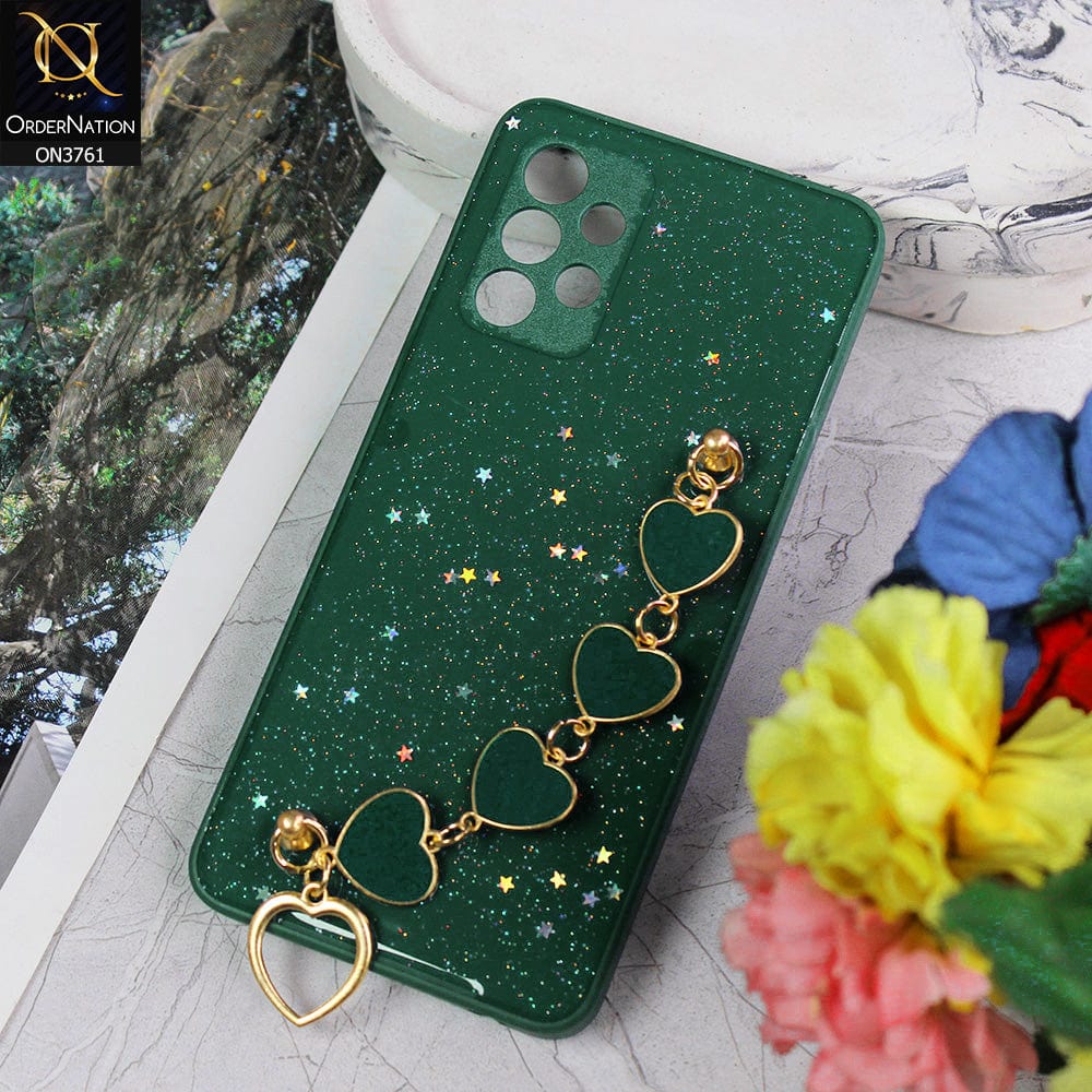 Samsung Galaxy A32 Cover - Dark Green - Shiny Glitter Candy Color Soft Border Camera Protection Case With Heart Chain Holder (Glitter Does not move)