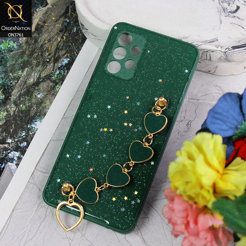 Samsung Galaxy A32 Cover - Dark Green - Shiny Glitter Candy Color Soft Border Camera Protection Case With Heart Chain Holder (Glitter Does not move)