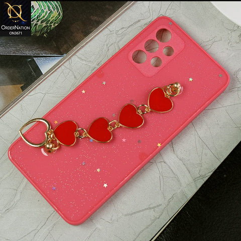 Samsung Galaxy A32 Cover - Peach -Shiny Glitter Candy Color Soft Border Camera Protection Case With Heart Chain Holder (Glitter Does not move)