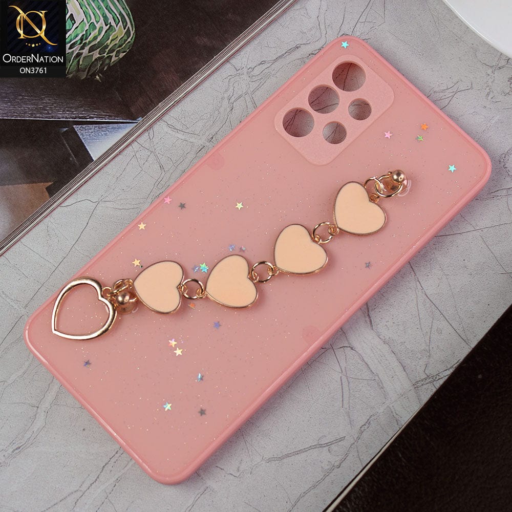 Samsung Galaxy A32 Cover - Pink -Shiny Glitter Candy Color Soft Border Camera Protection Case With Heart Chain Holder (Glitter Does not move)