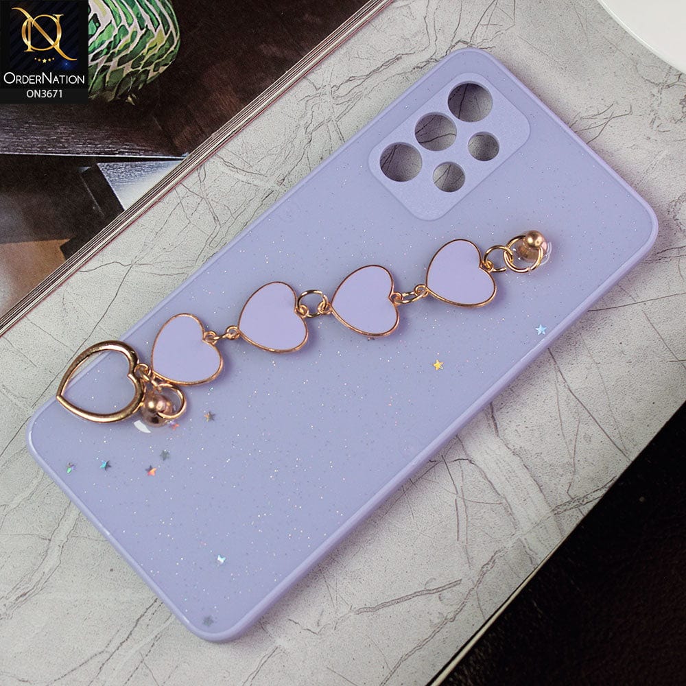Samsung Galaxy A32 Cover - Purple -Shiny Glitter Candy Color Soft Border Camera Protection Case With Heart Chain Holder (Glitter Does not move)
