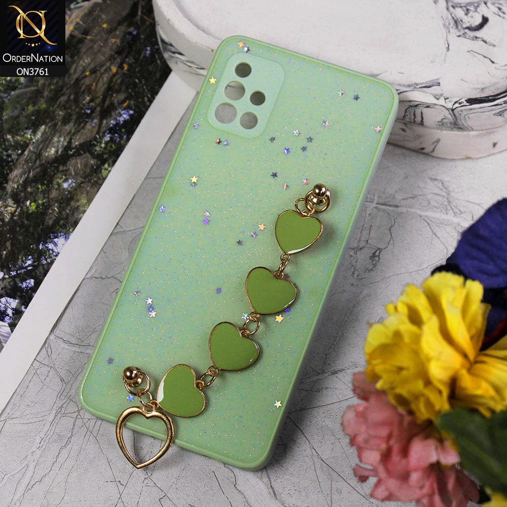 Samsung Galaxy A51 Cover - Light Green - Shiny Glitter Candy Color Soft Border Camera Protection Case With Heart Chain Holder (Glitter Does not move)