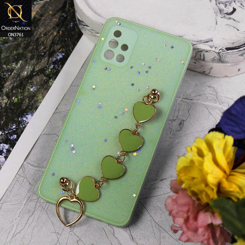 Samsung Galaxy A51 Cover - Light Green - Shiny Glitter Candy Color Soft Border Camera Protection Case With Heart Chain Holder (Glitter Does not move)