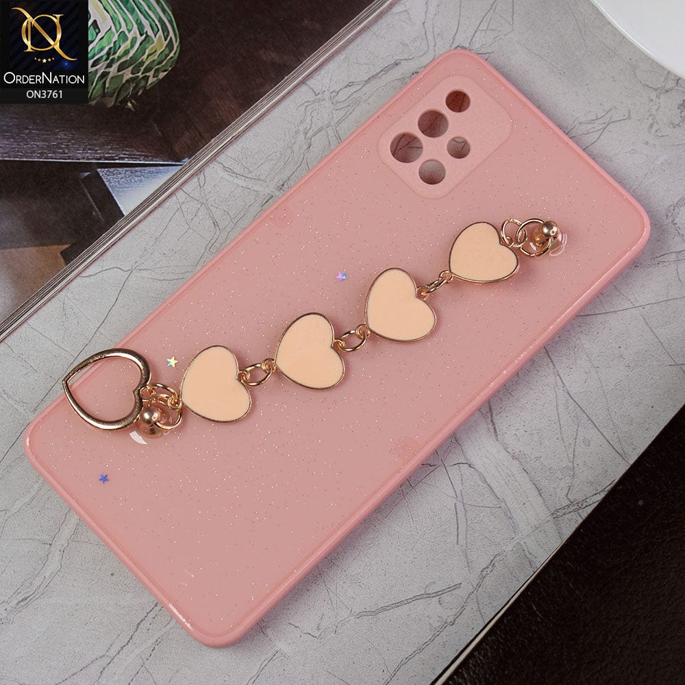 Samsung Galaxy A51 Cover - Pink -Shiny Glitter Candy Color Soft Border Camera Protection Case With Heart Chain Holder (Glitter Does not move)