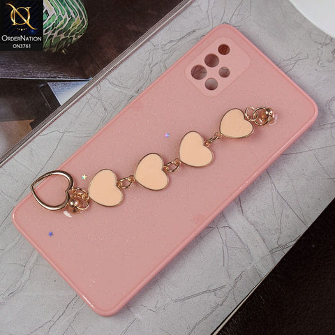 Samsung Galaxy A51 Cover - Pink -Shiny Glitter Candy Color Soft Border Camera Protection Case With Heart Chain Holder (Glitter Does not move)