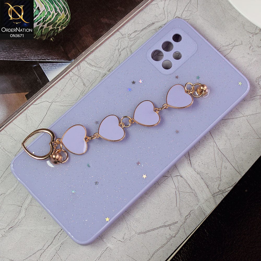 Samsung Galaxy A51 Cover - Purple -Shiny Glitter Candy Color Soft Border Camera Protection Case With Heart Chain Holder (Glitter Does not move)