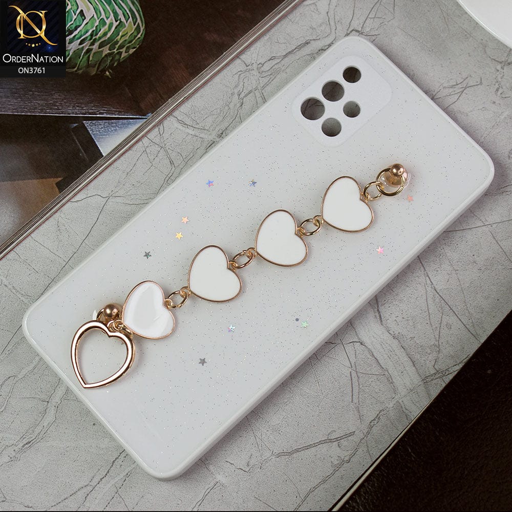 Samsung Galaxy A51 Cover - White -Shiny Glitter Candy Color Soft Border Camera Protection Case With Heart Chain Holder (Glitter Does not move)
