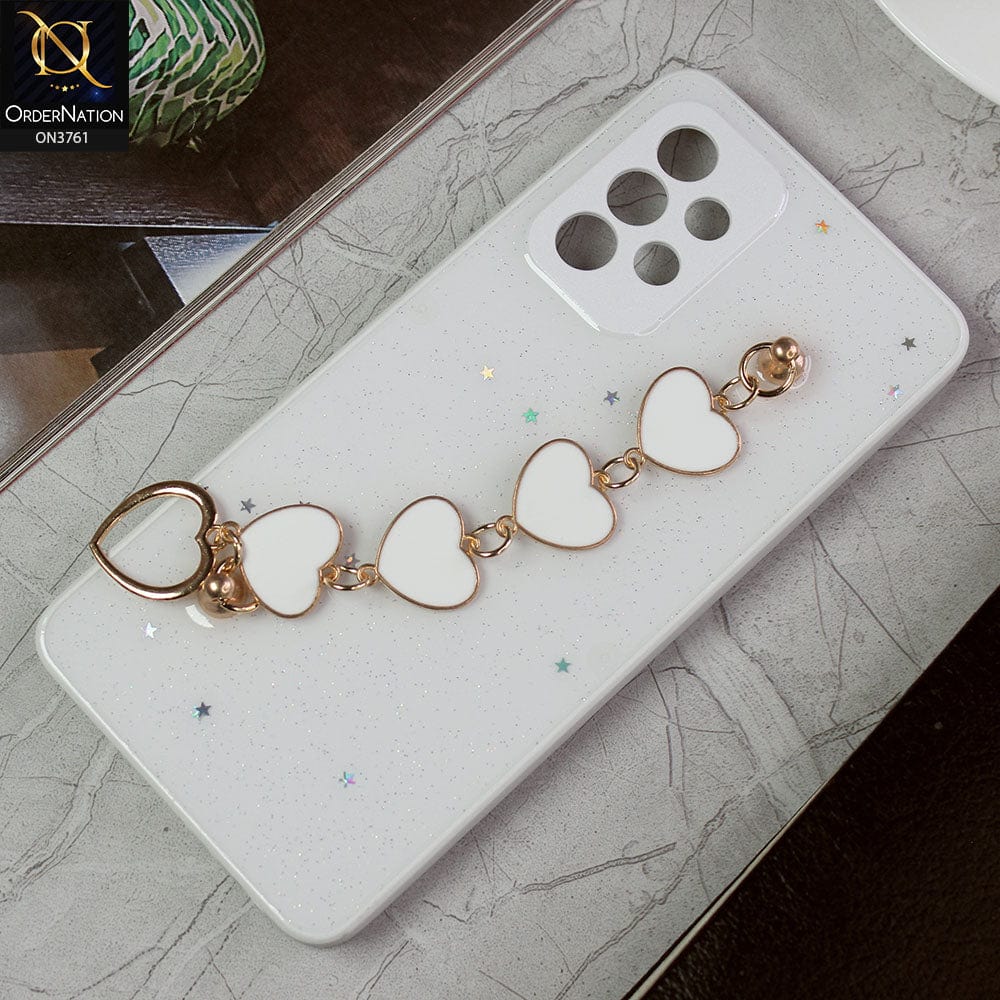 Samsung Galaxy A52 Cover - White -Shiny Glitter Candy Color Soft Border Camera Protection Case With Heart Chain Holder (Glitter Does not move)
