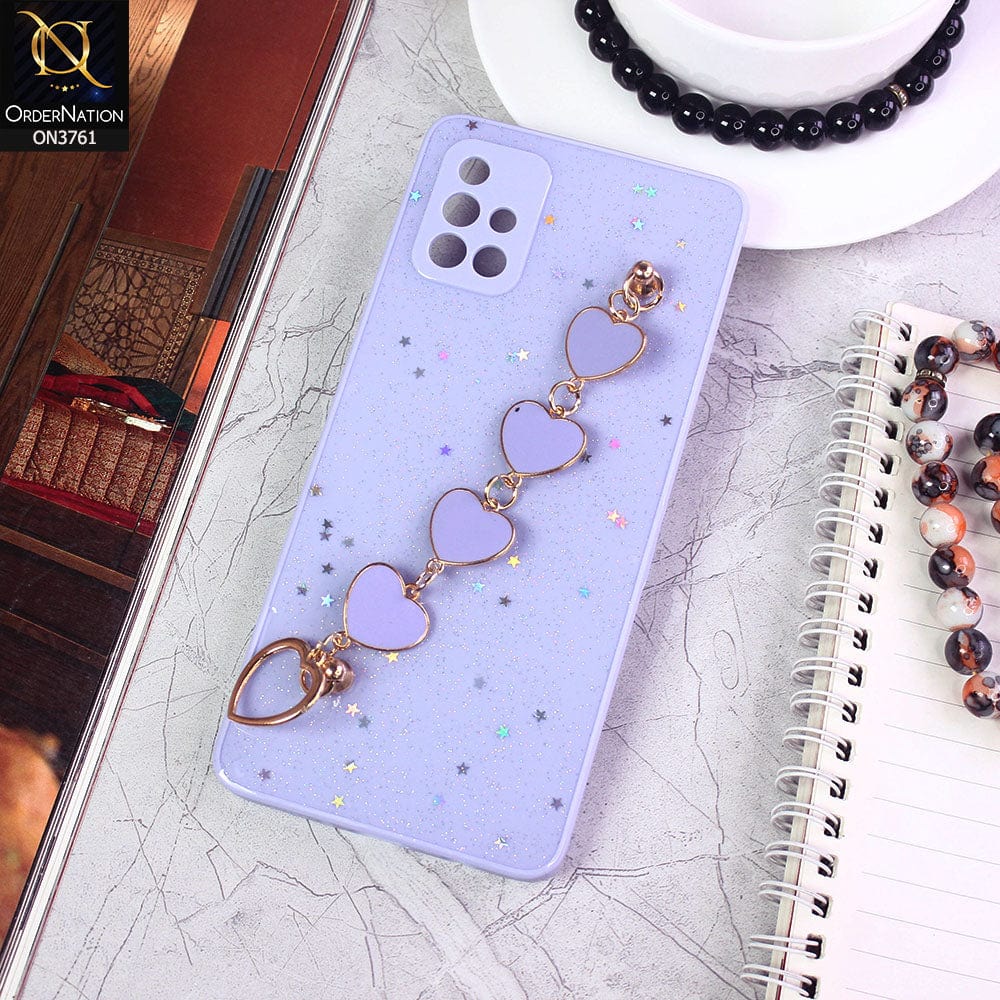 Samsung Galaxy A71 Cover - Purple - Shiny Glitter Candy Color Soft Border Camera Protection Case With Heart Chain Holder (Glitter Does not move)