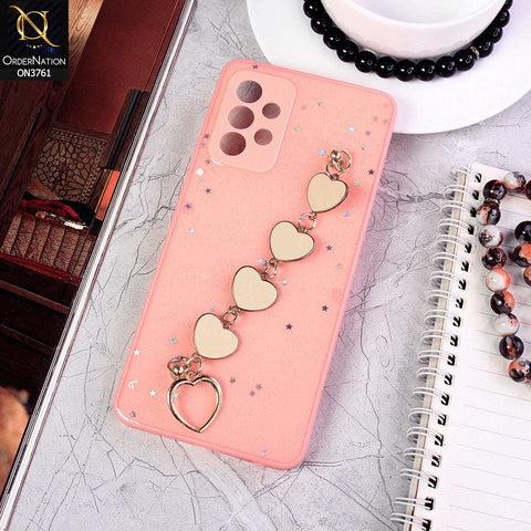 Samsung Galaxy A72 Cover - Pink - Shiny Glitter Candy Color Soft Border Camera Protection Case With Heart Chain Holder (Glitter Does not move)