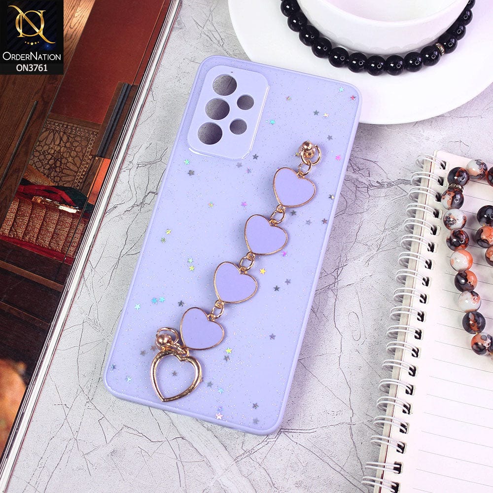 Samsung Galaxy A72 Cover - Purple - Shiny Glitter Candy Color Soft Border Camera Protection Case With Heart Chain Holder (Glitter Does not move)