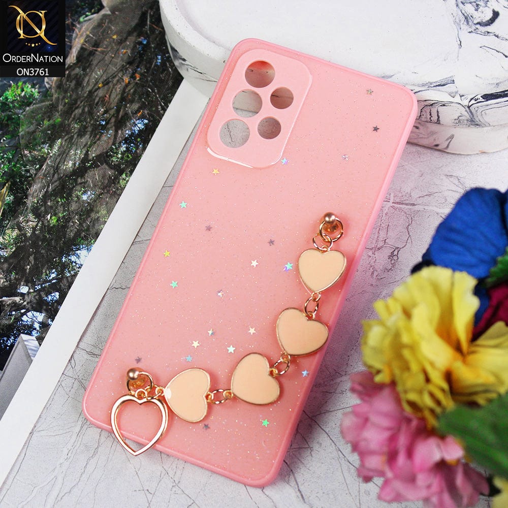 Samsung Galaxy A73 5G Cover - Pink - Shiny Glitter Candy Color Soft Border Camera Protection Case With Heart Chain Holder (Glitter Does not move)