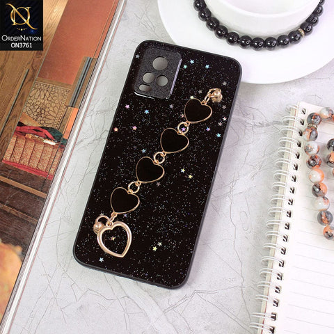 Vivo V20 Cover - Black - Shiny Glitter Candy Color Soft Border Camera Protection Case With Heart Chain Holder (Glitter Does not move)