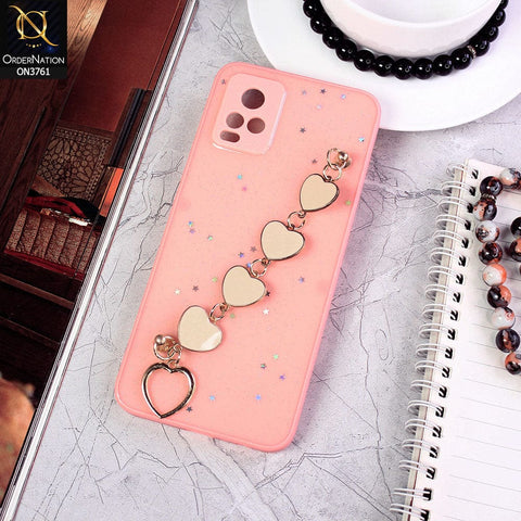 Vivo V20 Cover - Pink - Shiny Glitter Candy Color Soft Border Camera Protection Case With Heart Chain Holder (Glitter Does not move)