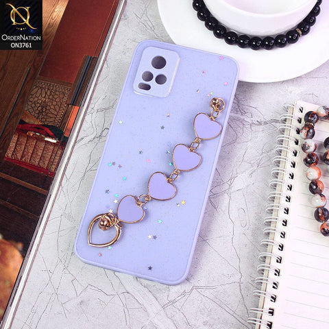 Vivo V20 Cover  - Purple - Shiny Glitter Candy Color Soft Border Camera Protection Case With Heart Chain Holder (Glitter Does not move)