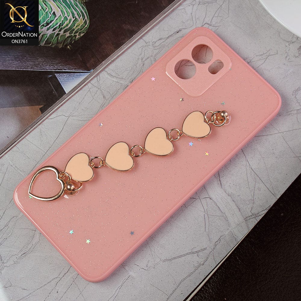 Vivo Y01 Cover - Pink -Shiny Glitter Candy Color Soft Border Camera Protection Case With Heart Chain Holder (Glitter Does not move)