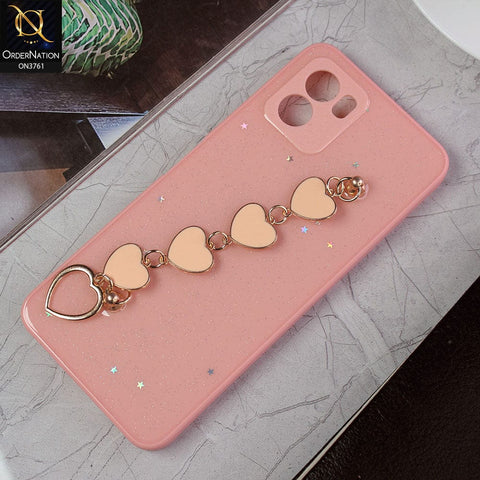 Vivo Y01 Cover - Pink -Shiny Glitter Candy Color Soft Border Camera Protection Case With Heart Chain Holder (Glitter Does not move)
