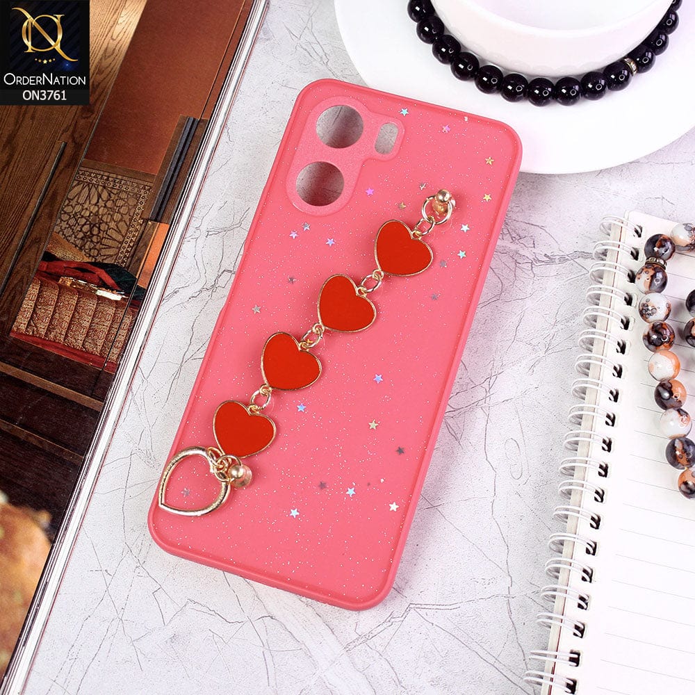 Vivo Y16 Cover  - Peach - Shiny Glitter Candy Color Soft Border Camera Protection Case With Heart Chain Holder (Glitter Does not move)