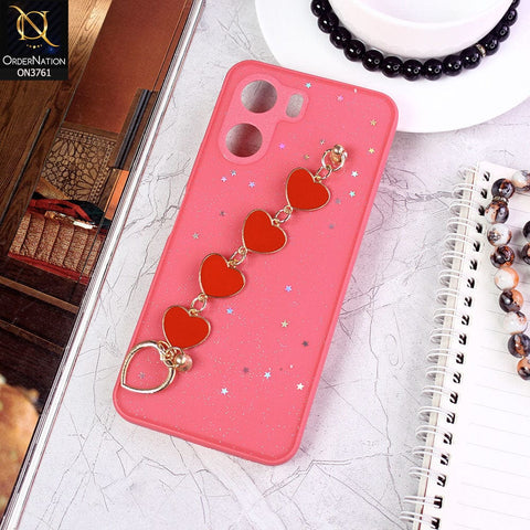 Vivo Y16 Cover  - Peach - Shiny Glitter Candy Color Soft Border Camera Protection Case With Heart Chain Holder (Glitter Does not move)
