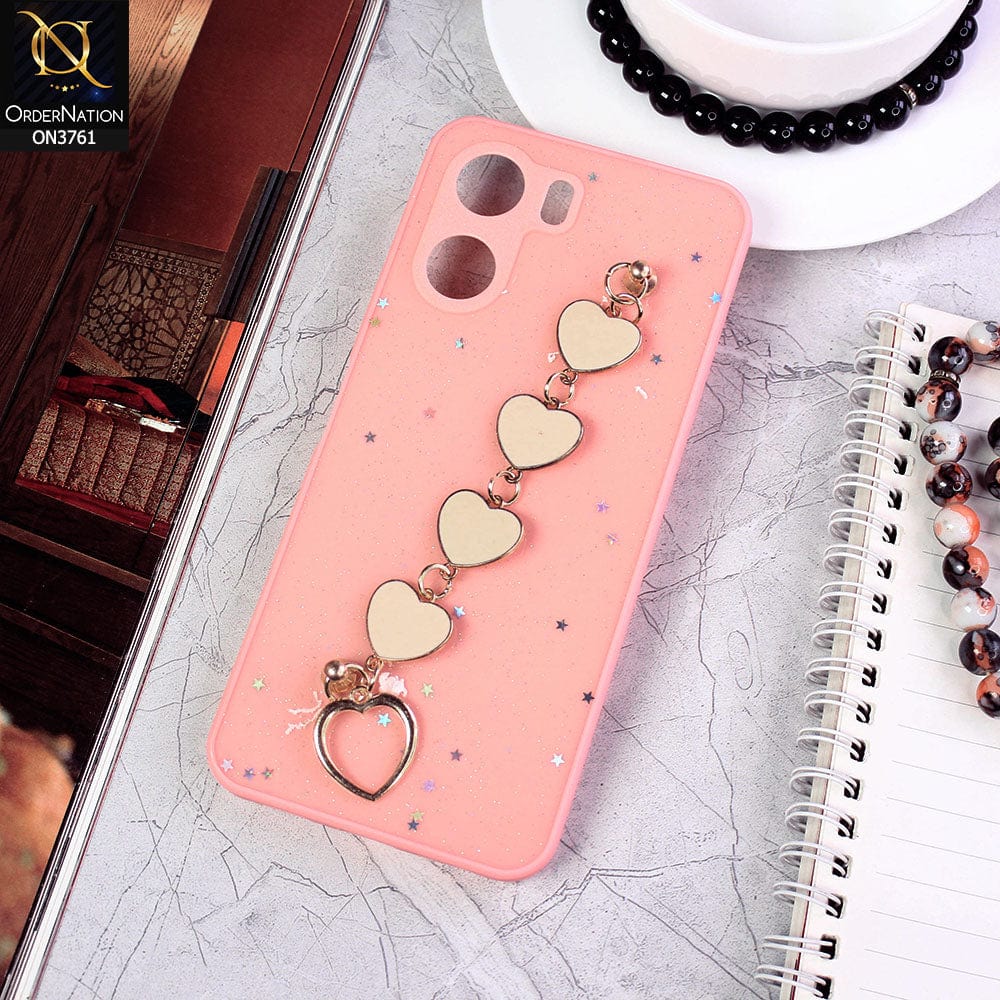 Vivo Y16 Cover - Pink - Shiny Glitter Candy Color Soft Border Camera Protection Case With Heart Chain Holder (Glitter Does not move)