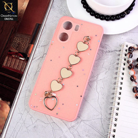 Vivo Y16 Cover - Pink - Shiny Glitter Candy Color Soft Border Camera Protection Case With Heart Chain Holder (Glitter Does not move)