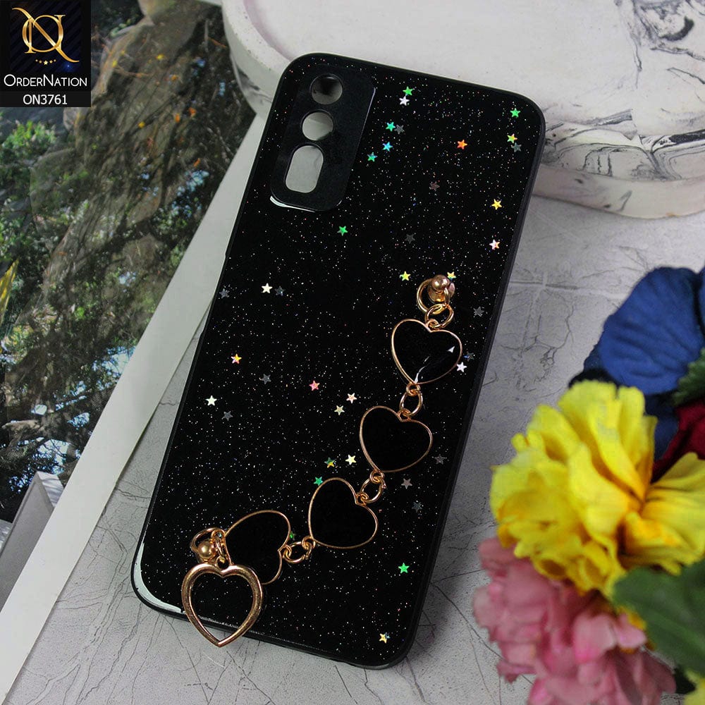 Vivo Y20a Cover - Black - Shiny Glitter Candy Color Soft Border Camera Protection Case With Heart Chain Holder (Glitter Does not move)