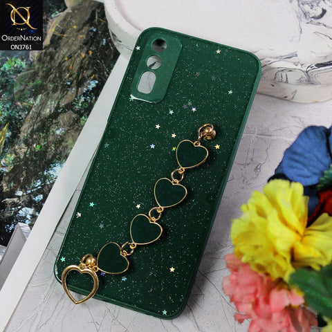 Vivo Y20 Cover - Dark Green - Shiny Glitter Candy Color Soft Border Camera Protection Case With Heart Chain Holder (Glitter Does not move)