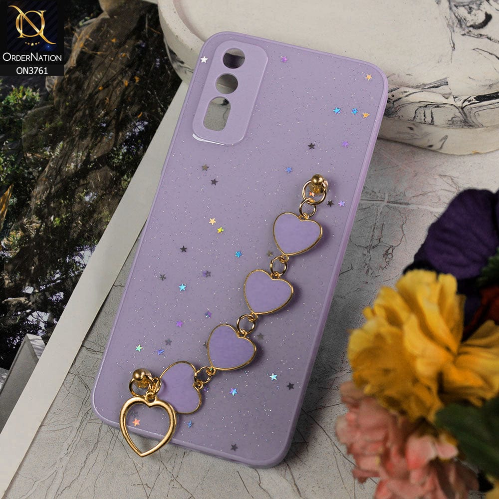 Vivo Y12a Cover - Purple - Shiny Glitter Candy Color Soft Border Camera Protection Case With Heart Chain Holder (Glitter Does not move)