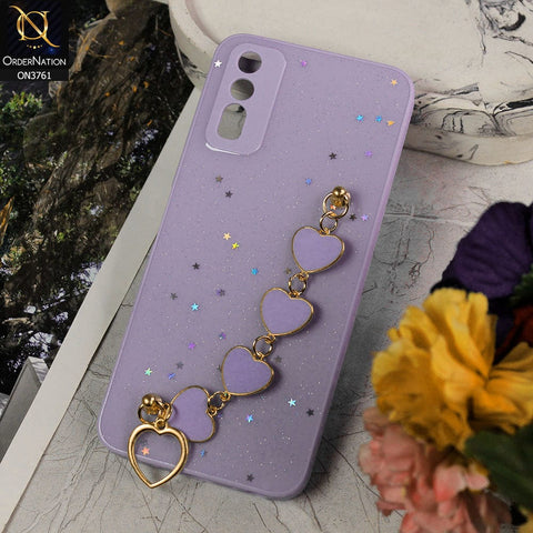Vivo Y12a Cover - Purple - Shiny Glitter Candy Color Soft Border Camera Protection Case With Heart Chain Holder (Glitter Does not move)