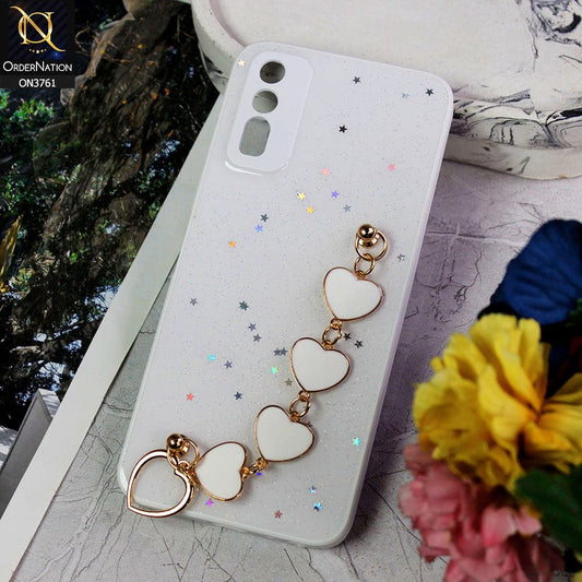Vivo Y20i Cover - White - Shiny Glitter Candy Color Soft Border Camera Protection Case With Heart Chain Holder (Glitter Does not move)