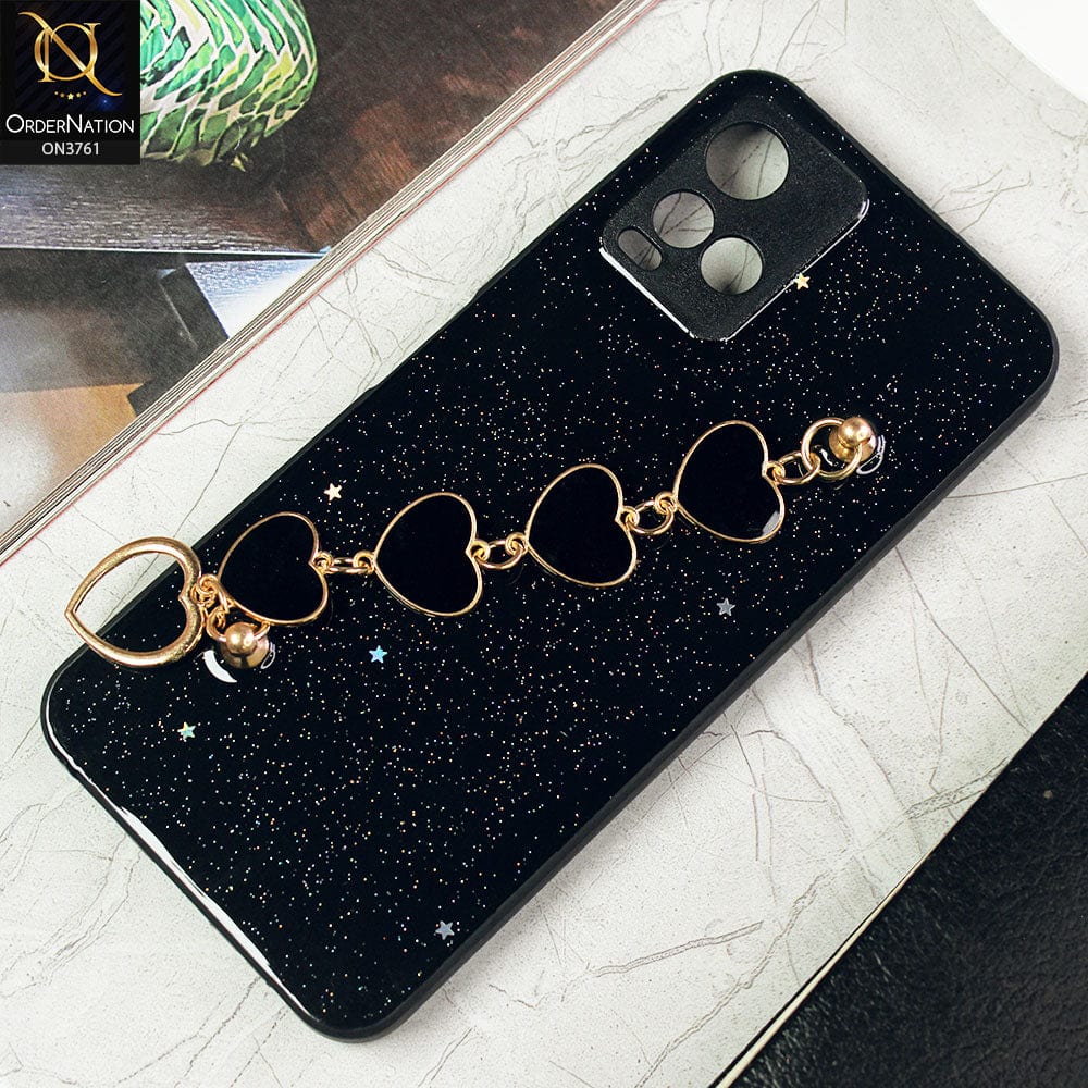 Vivo Y21a Cover - Black -Shiny Glitter Candy Color Soft Border Camera Protection Case With Heart Chain Holder (Glitter Does not move)