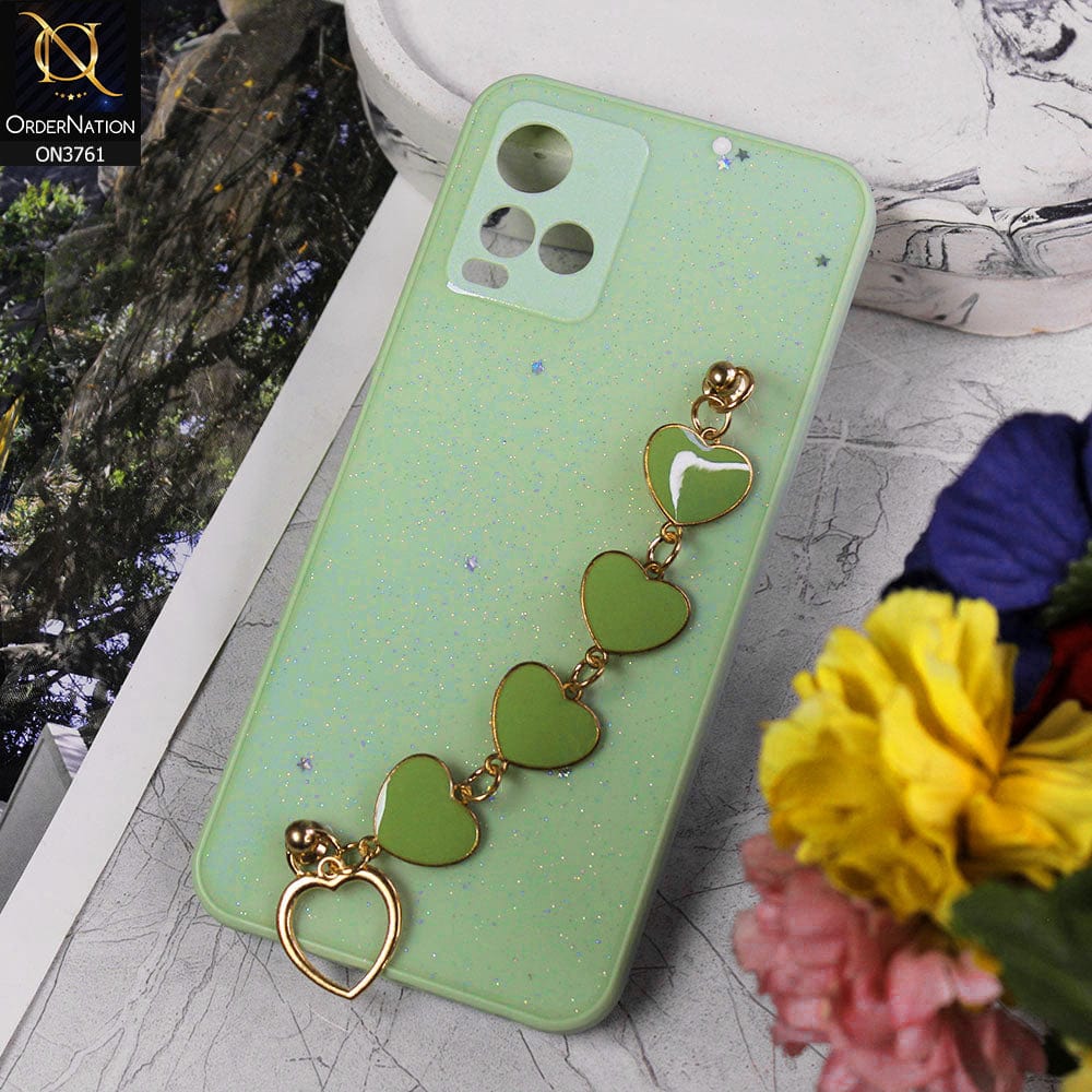 Vivo Y21a Cover - Light Green - Shiny Glitter Candy Color Soft Border Camera Protection Case With Heart Chain Holder (Glitter Does not move)