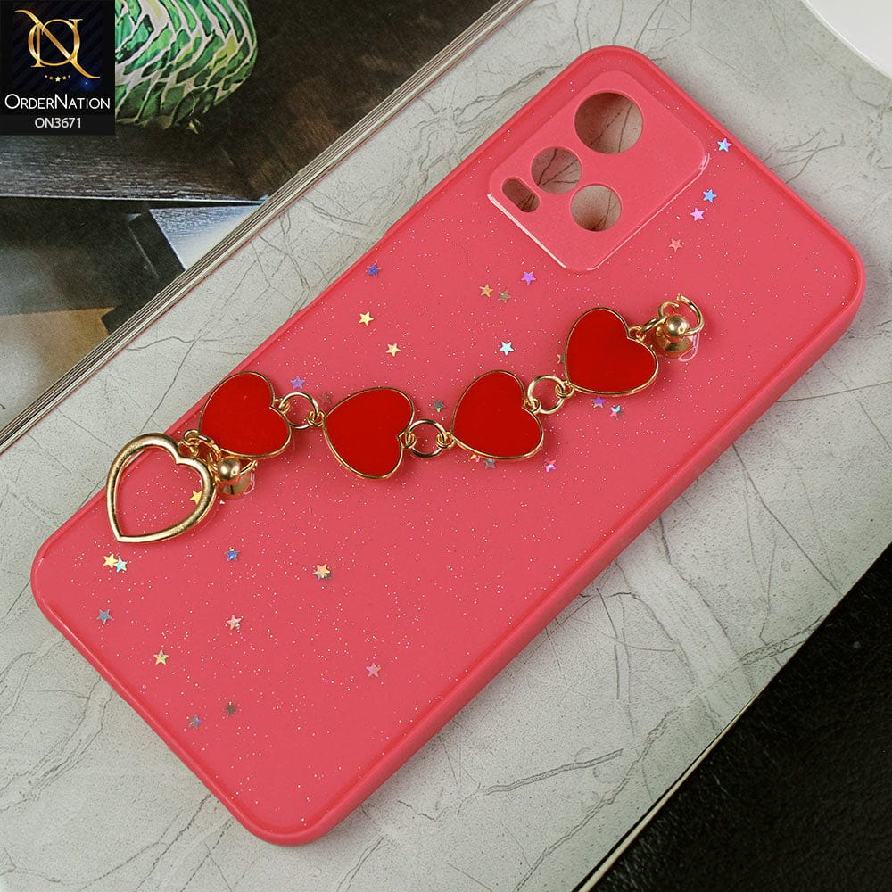 Vivo Y21e Cover - Peach -Shiny Glitter Candy Color Soft Border Camera Protection Case With Heart Chain Holder (Glitter Does not move)