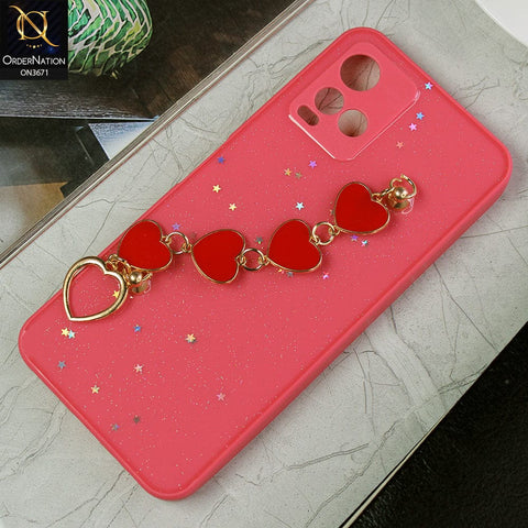 Vivo Y21s Cover - Peach -Shiny Glitter Candy Color Soft Border Camera Protection Case With Heart Chain Holder (Glitter Does not move)