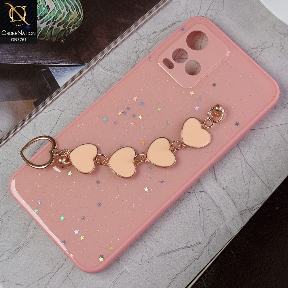 Vivo Y21 Cover - Pink -Shiny Glitter Candy Color Soft Border Camera Protection Case With Heart Chain Holder (Glitter Does not move)