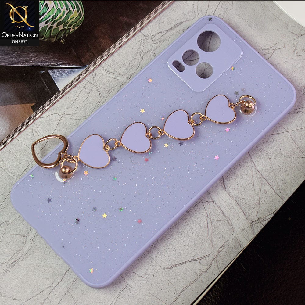 Vivo Y21s Cover - Purple -Shiny Glitter Candy Color Soft Border Camera Protection Case With Heart Chain Holder (Glitter Does not move)