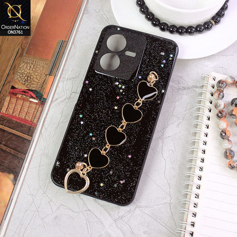 Vivo Y22s Cover - Black - Shiny Glitter Candy Color Soft Border Camera Protection Case With Heart Chain Holder (Glitter Does not move)
