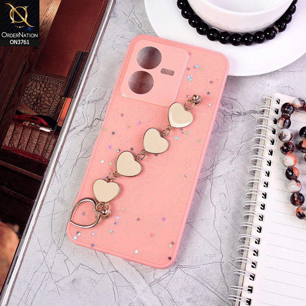 Vivo Y22 Cover - Pink - Shiny Glitter Candy Color Soft Border Camera Protection Case With Heart Chain Holder (Glitter Does not move)