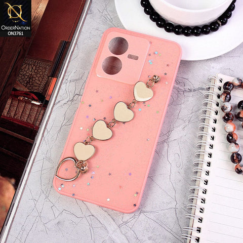 Vivo Y22 Cover - Pink - Shiny Glitter Candy Color Soft Border Camera Protection Case With Heart Chain Holder (Glitter Does not move)