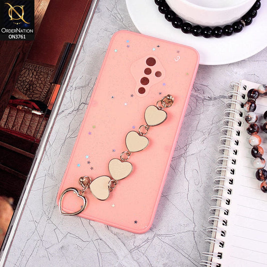 Vivo S1 Pro Cover - Pink - Shiny Glitter Candy Color Soft Border Camera Protection Case With Heart Chain Holder (Glitter Does not move)