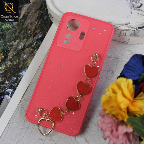 Vivo Y55 4G Cover - Peach - Shiny Glitter Candy Color Soft Border Camera Protection Case With Heart Chain Holder (Glitter Does not move)