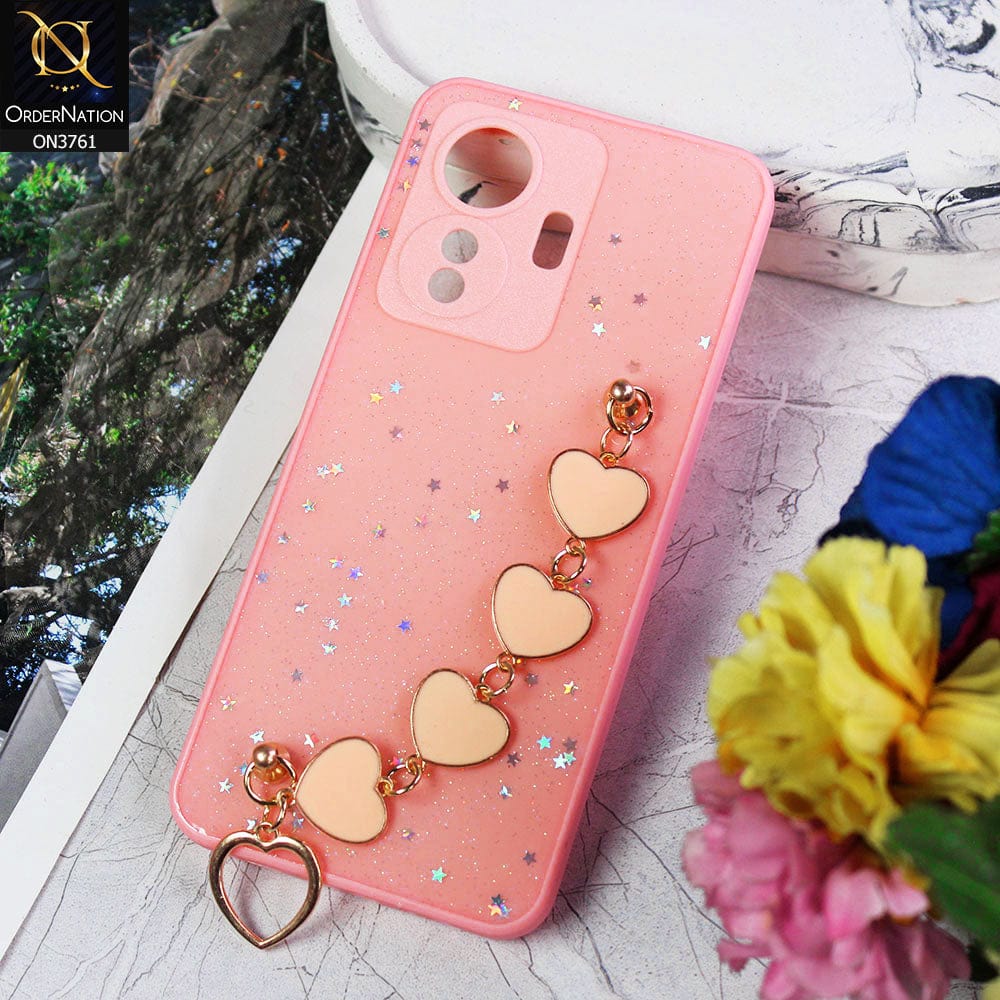 Vivo Y55 4G Cover - Pink - Shiny Glitter Candy Color Soft Border Camera Protection Case With Heart Chain Holder (Glitter Does not move)
