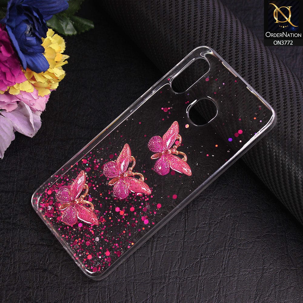 Samsung Galaxy A20 Cover - Pink - Shiny Butterfly Glitter Bling Soft Case (Glitter does not move)