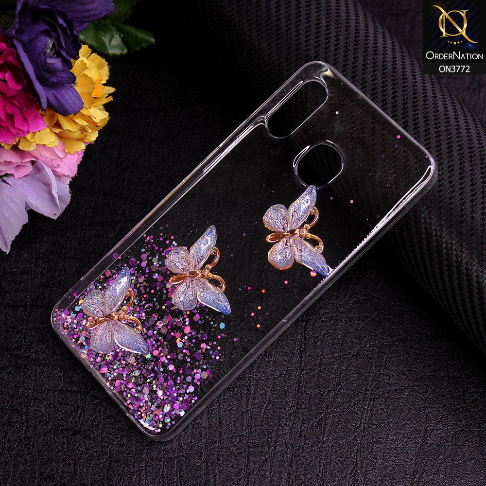 Samsung Galaxy A20 Cover - Purple - Shiny Butterfly Glitter Bling Soft Case (Glitter does not move)