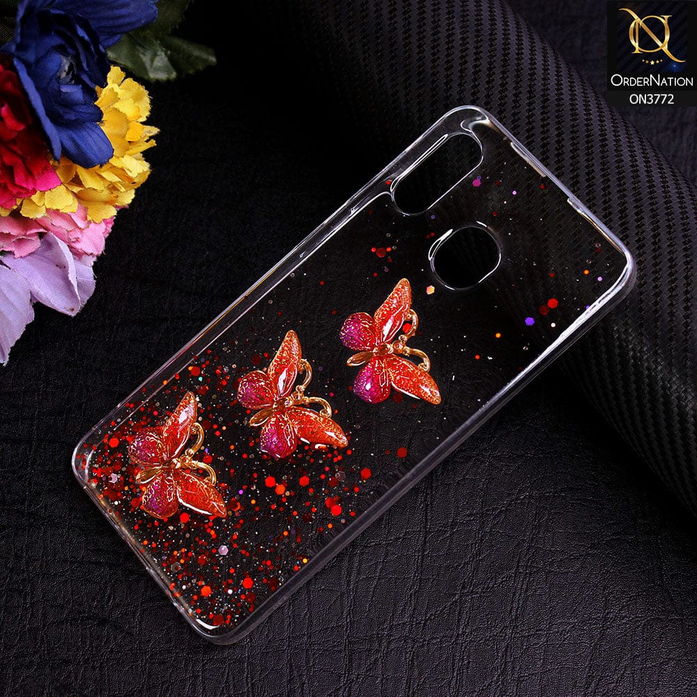 Samsung Galaxy A30 Cover - Red - Shiny Butterfly Glitter Bling Soft Case (Glitter does not move)