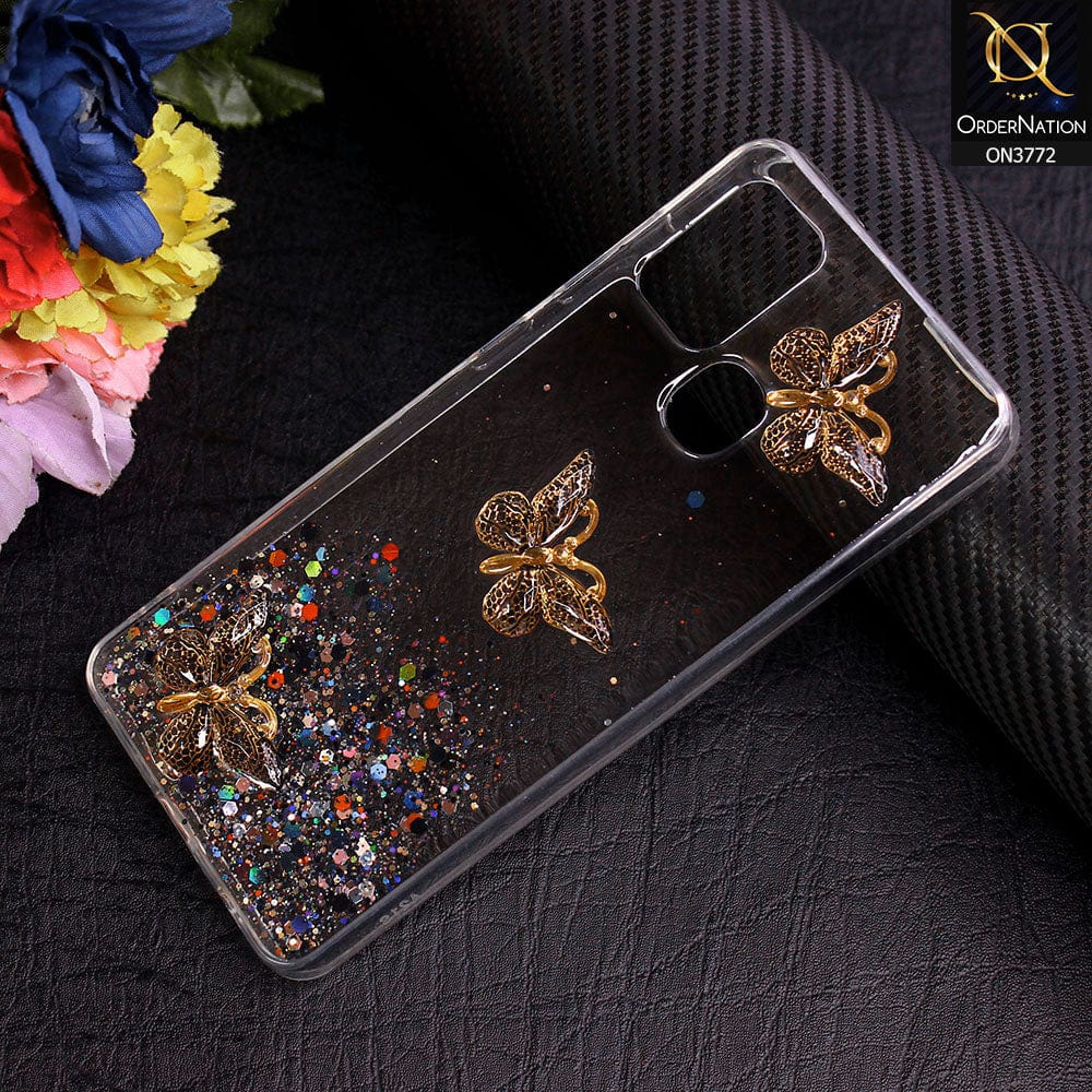 Samsung Galaxy A21s Cover - Black - Shiny Butterfly Glitter Bling Soft Case (Glitter does not move)