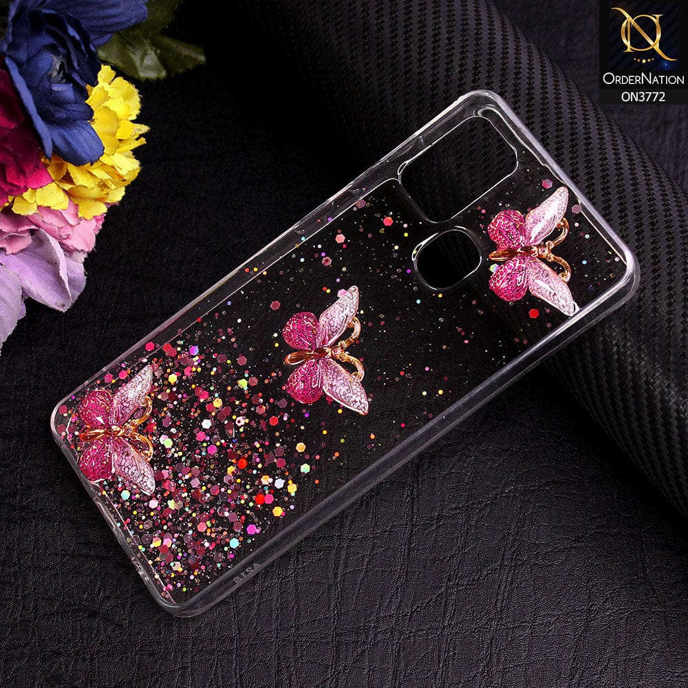 Samsung Galaxy A21s Cover - Pink - Shiny Butterfly Glitter Bling Soft Case (Glitter does not move)