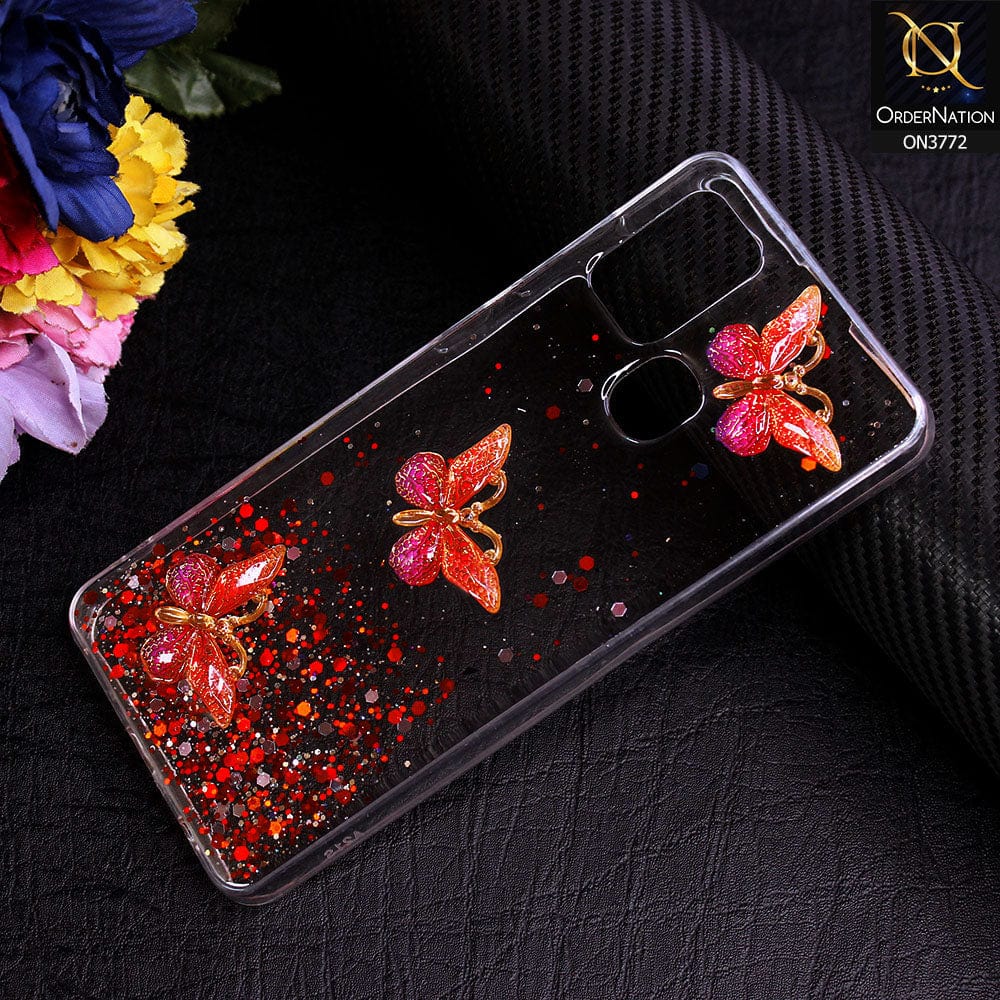 Samsung Galaxy A21s Cover - Red - Shiny Butterfly Glitter Bling Soft Case (Glitter does not move)